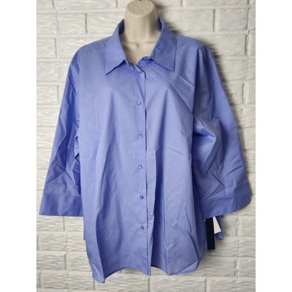 FOXCROFT button up blouse Women's size 22W 3/4 sleeve Shaped Fit Blue NWT